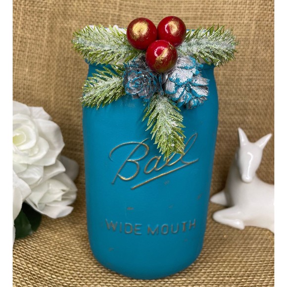 Christmas Glass Jar Ball  /  Turquoise Christmas Glass Jar with Wide Mouth Ball - Picture 1 of 11